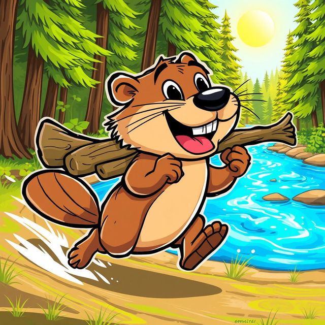 A dynamic illustration of a quick, cartoon-style beaver with exaggerated speedy features, such as motion lines and a blurred tail, zipping through a lush forest