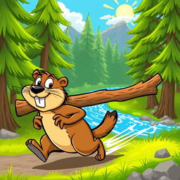 A dynamic illustration of a quick, cartoon-style beaver with exaggerated speedy features, such as motion lines and a blurred tail, zipping through a lush forest