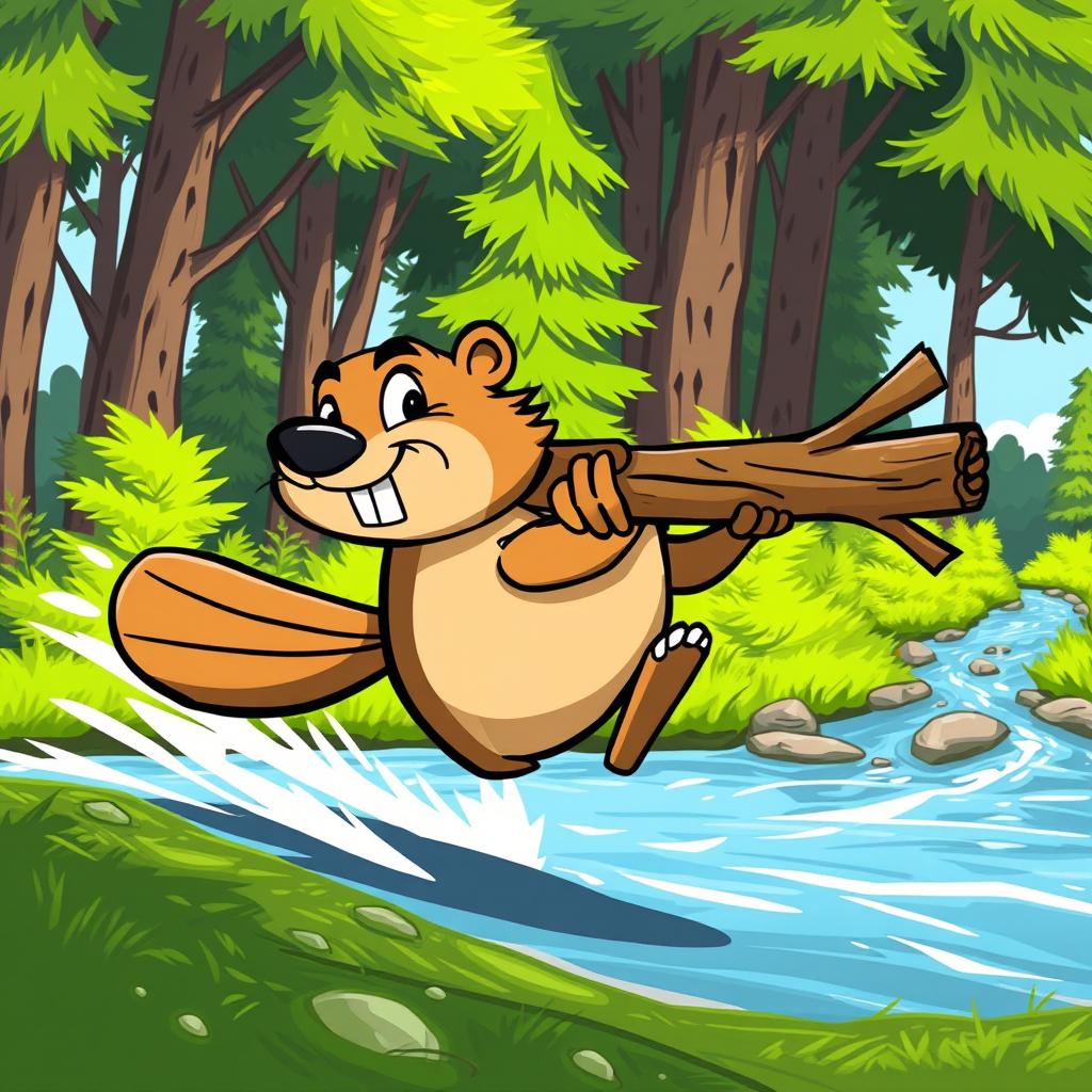 A dynamic illustration of a quick, cartoon-style beaver with exaggerated speedy features, such as motion lines and a blurred tail, zipping through a lush forest