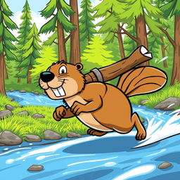A dynamic illustration of a quick, cartoon-style beaver with exaggerated speedy features, such as motion lines and a blurred tail, zipping through a lush forest