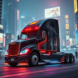 A futuristic longnose Freightliner Cascadia semi truck designed in vivid cyberpunk style, featuring sharp angles, intricate details, and vibrant neon lighting