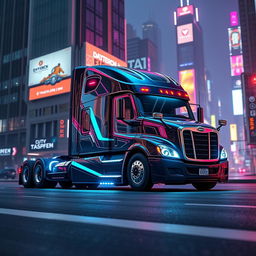 A futuristic longnose Freightliner Cascadia semi truck designed in vivid cyberpunk style, featuring sharp angles, intricate details, and vibrant neon lighting