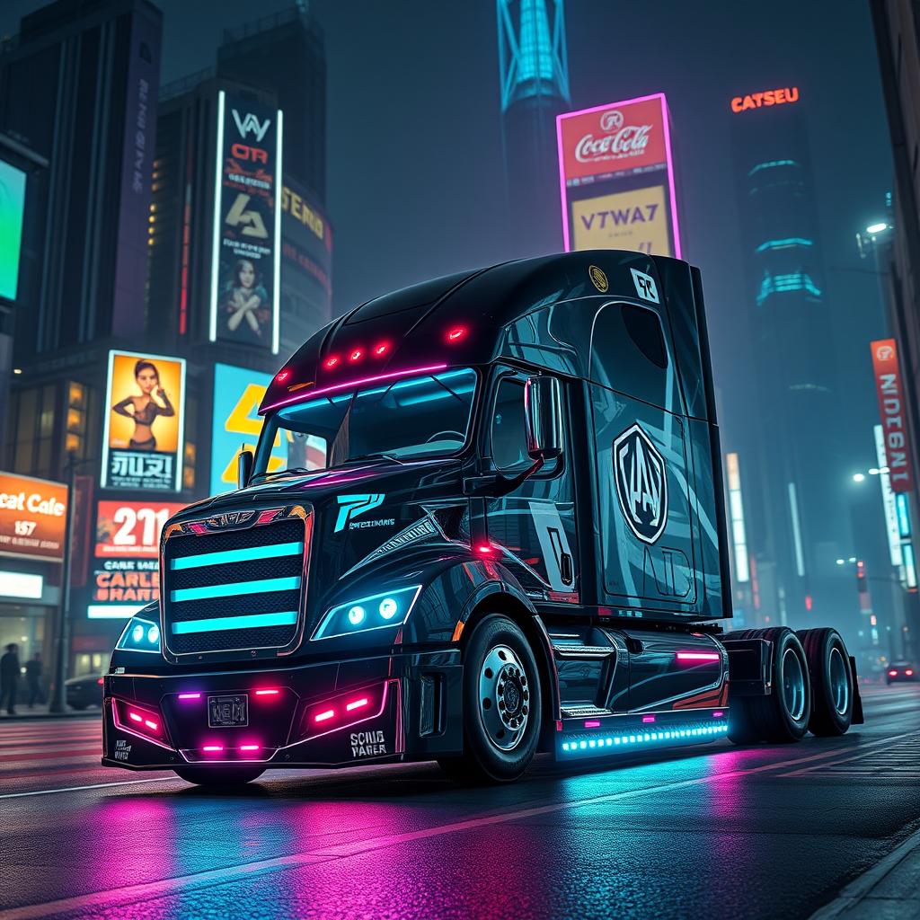 A futuristic longnose Freightliner Cascadia semi truck designed in vivid cyberpunk style, featuring sharp angles, intricate details, and vibrant neon lighting