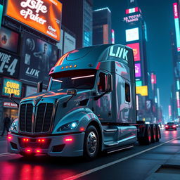 A futuristic longnose Freightliner Cascadia semi truck designed in vivid cyberpunk style, featuring sharp angles, intricate details, and vibrant neon lighting