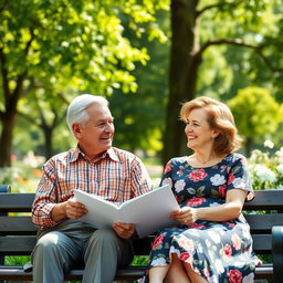 An elderly man and a middle-aged woman sitting together on a park bench, enjoying a sunny day