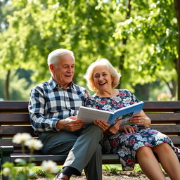 An elderly man and a middle-aged woman sitting together on a park bench, enjoying a sunny day