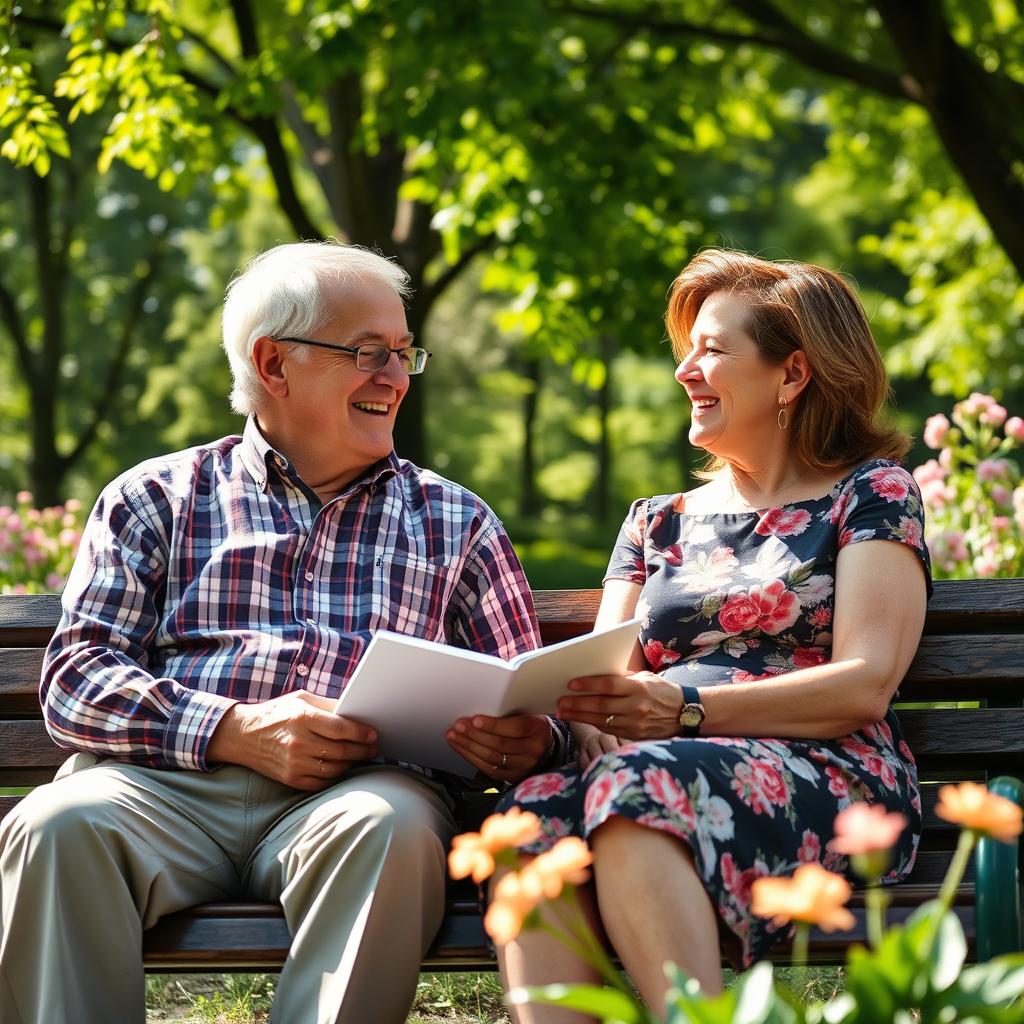 An elderly man and a middle-aged woman sitting together on a park bench, enjoying a sunny day