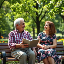 An elderly man and a middle-aged woman sitting together on a park bench, enjoying a sunny day