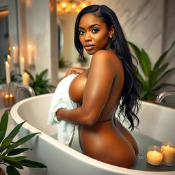 A beautiful woman with dark skin and long black hair, depicted in a luxurious bathroom setting