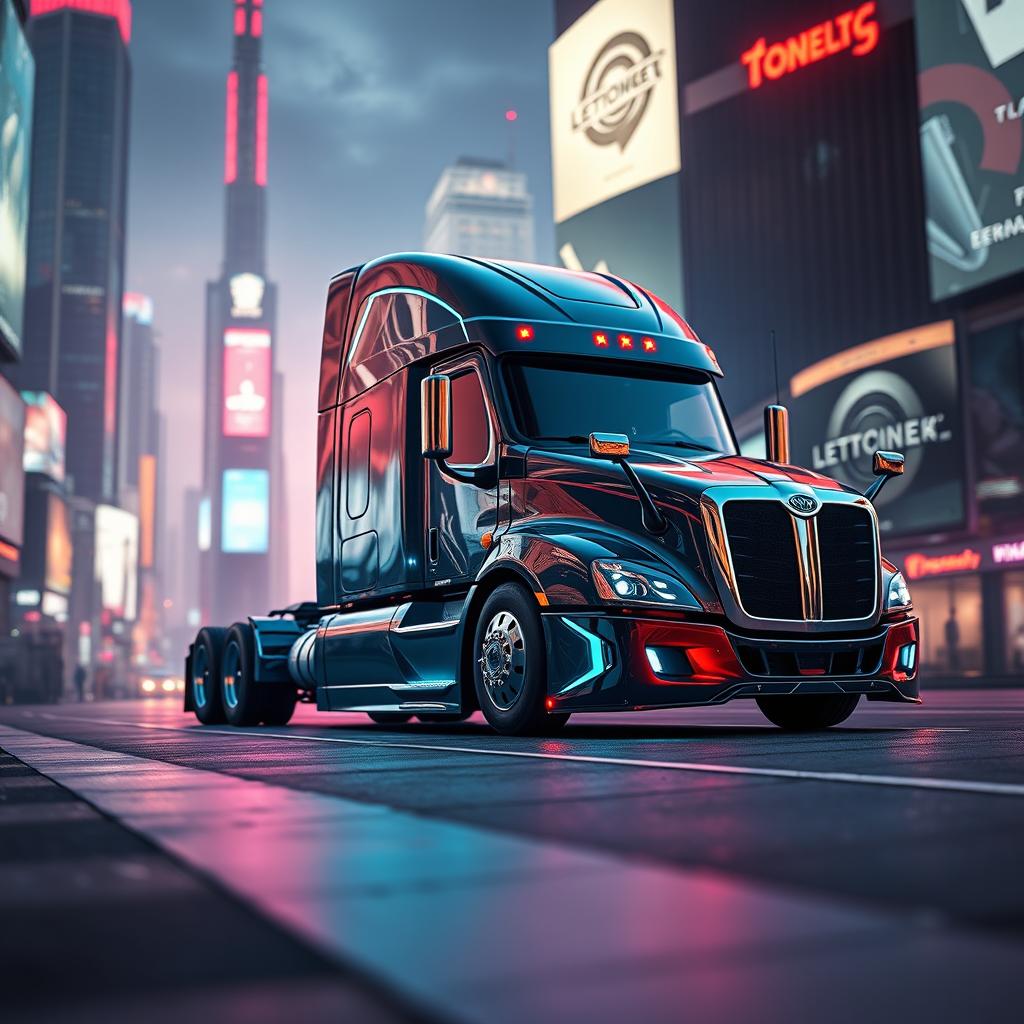 A futuristic longnose Freightliner Cascadia semi truck depicted in a stunning cyberpunk style, showcasing its streamlined design with sharp angles and dazzling neon accents