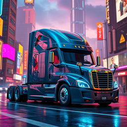 A futuristic longnose Freightliner Cascadia semi truck depicted in a stunning cyberpunk style, showcasing its streamlined design with sharp angles and dazzling neon accents