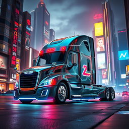 A futuristic longnose Freightliner Cascadia semi truck depicted in a stunning cyberpunk style, showcasing its streamlined design with sharp angles and dazzling neon accents