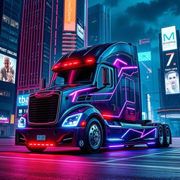A futuristic longnose Freightliner Cascadia semi truck depicted in a stunning cyberpunk style, showcasing its streamlined design with sharp angles and dazzling neon accents