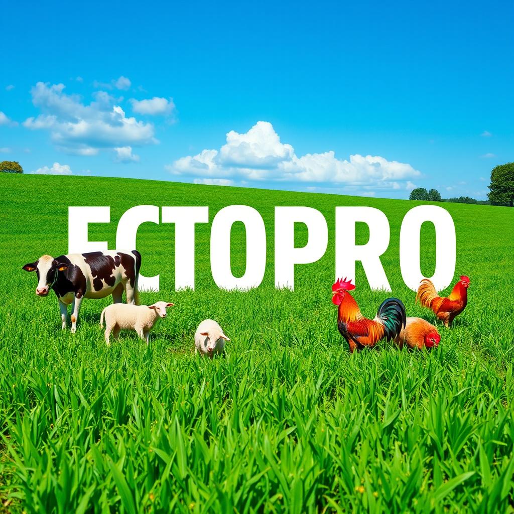 A vibrant green field filled with lush grass, prominently featuring the bold text 'ECTOPRO' in the center in large, white, modern font
