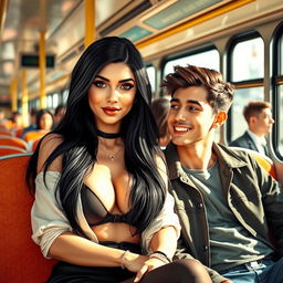 A young woman with long black hair and large breasts sitting in a bus next to a young man