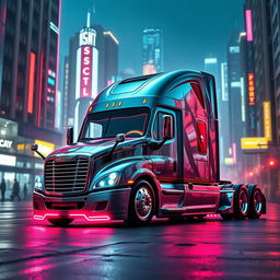 A futuristic longnose Freightliner Cascadia semi truck depicted in an eye-catching cyberpunk style, showcasing its distinctive elongated design with metallic surfaces and vibrant neon accents