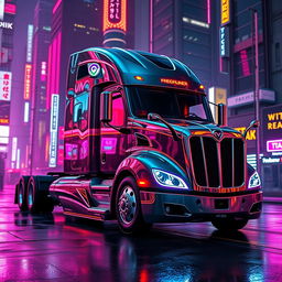 A futuristic longnose Freightliner Cascadia semi truck depicted in an eye-catching cyberpunk style, showcasing its distinctive elongated design with metallic surfaces and vibrant neon accents