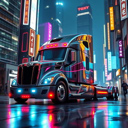 A futuristic longnose Freightliner Cascadia semi truck depicted in an eye-catching cyberpunk style, showcasing its distinctive elongated design with metallic surfaces and vibrant neon accents