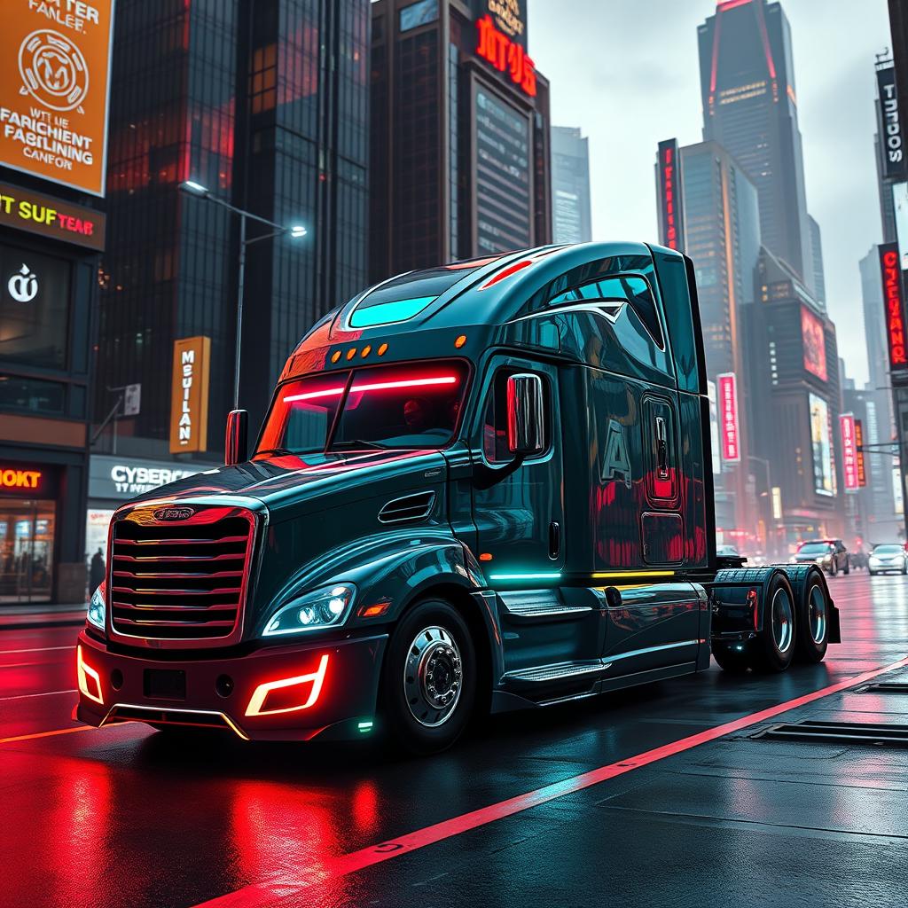 A futuristic longnose Freightliner Cascadia semi truck depicted in an eye-catching cyberpunk style, showcasing its distinctive elongated design with metallic surfaces and vibrant neon accents
