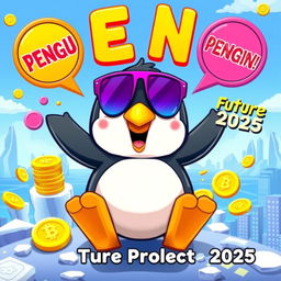 A vibrant YouTube thumbnail showcasing the Memecoin PENGU featuring a cartoonish, adorable Pudgy Penguin at the center