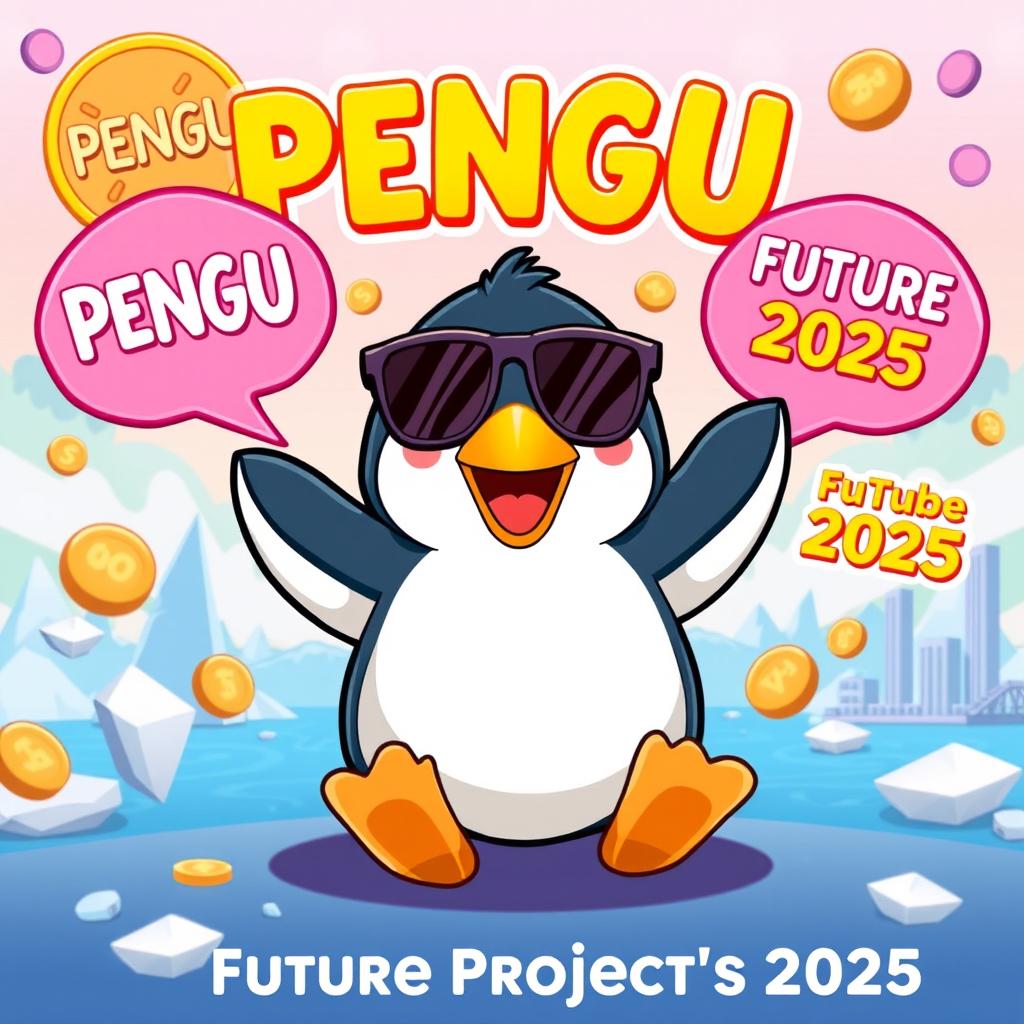 A vibrant YouTube thumbnail showcasing the Memecoin PENGU featuring a cartoonish, adorable Pudgy Penguin at the center