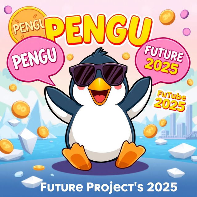 A vibrant YouTube thumbnail showcasing the Memecoin PENGU featuring a cartoonish, adorable Pudgy Penguin at the center