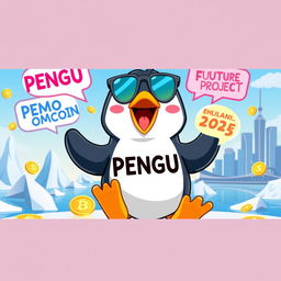 A vibrant YouTube thumbnail showcasing the Memecoin PENGU featuring a cartoonish, adorable Pudgy Penguin at the center