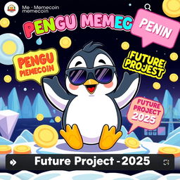 A vibrant YouTube thumbnail showcasing the Memecoin PENGU featuring a cartoonish, adorable Pudgy Penguin at the center