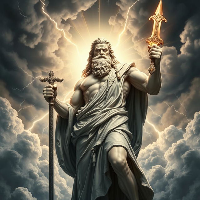 A majestic representation of God, resembling Zeus, holding a sword in hand, surrounded by dramatic clouds and divine light