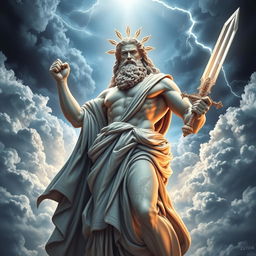 A majestic representation of God, resembling Zeus, holding a sword in hand, surrounded by dramatic clouds and divine light