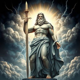 A majestic representation of God, resembling Zeus, holding a sword in hand, surrounded by dramatic clouds and divine light