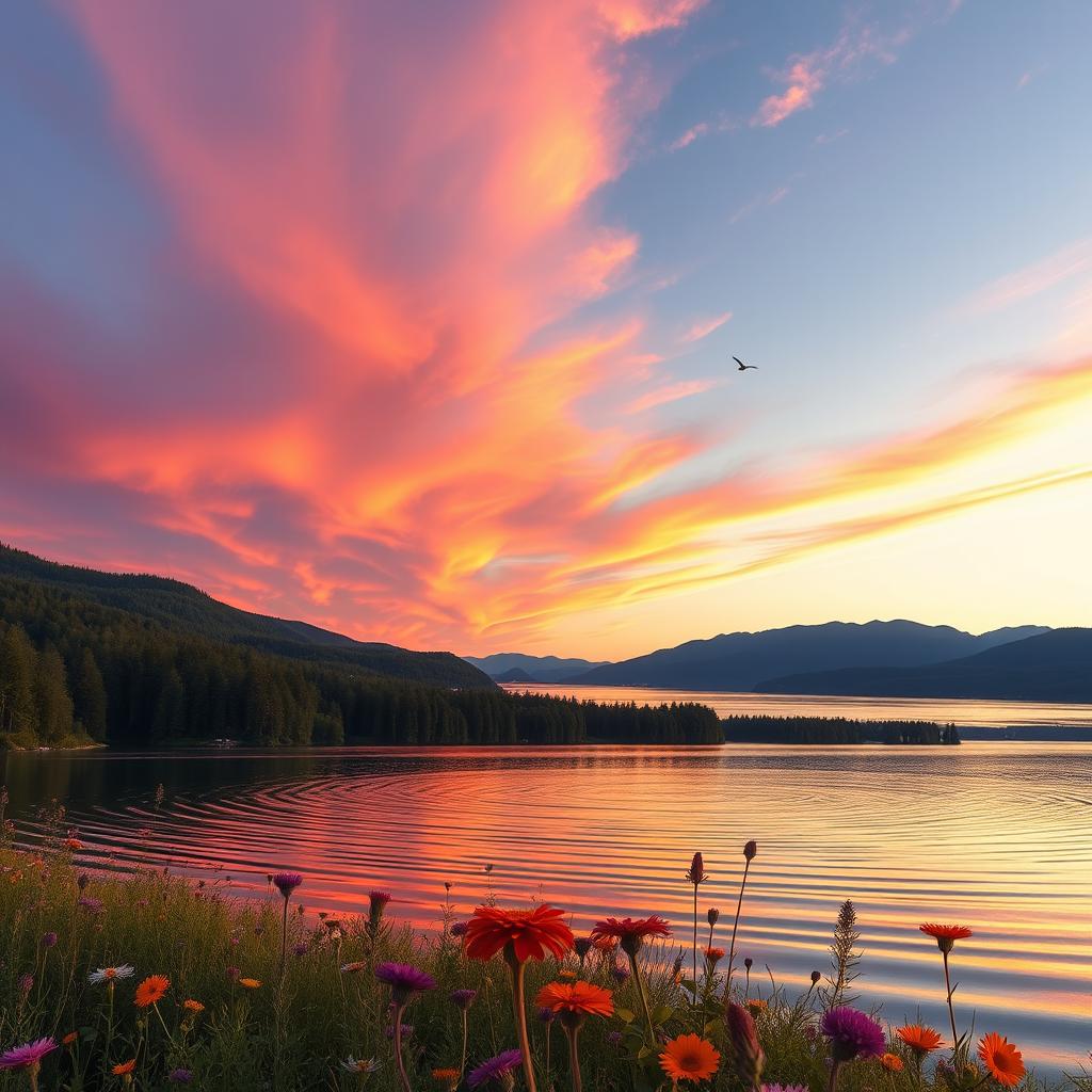 A serene landscape featuring a vibrant sunset over a calm lake, surrounded by lush green forests and distant mountains