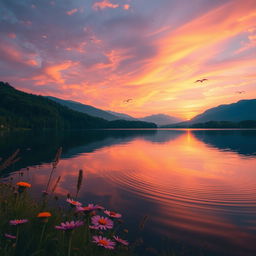 A serene landscape featuring a vibrant sunset over a calm lake, surrounded by lush green forests and distant mountains