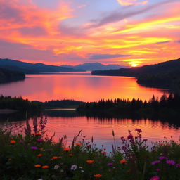 A serene landscape featuring a vibrant sunset over a calm lake, surrounded by lush green forests and distant mountains