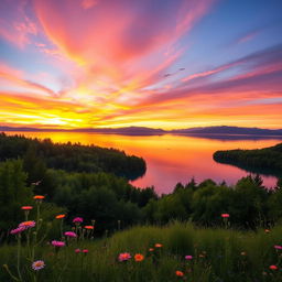 A serene landscape featuring a vibrant sunset over a calm lake, surrounded by lush green forests and distant mountains