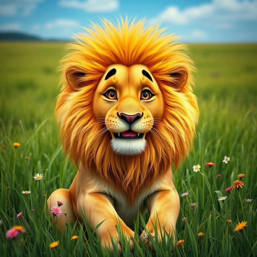 A whimsical scene featuring a lion with a unique twist: its mane is completely bald on top of its head, showcasing its majestic face with golden fur framing the sides
