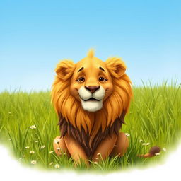A whimsical scene featuring a lion with a unique twist: its mane is completely bald on top of its head, showcasing its majestic face with golden fur framing the sides