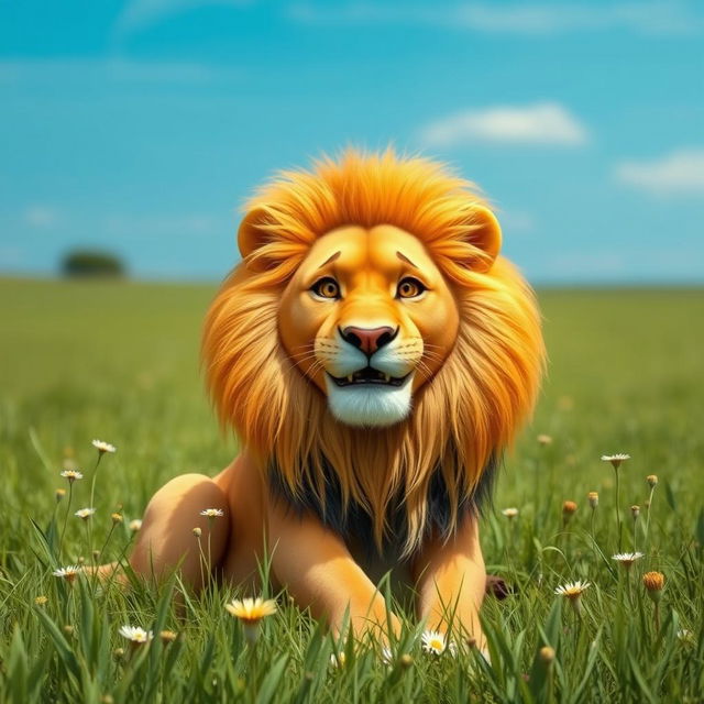 A whimsical scene featuring a lion with a unique twist: its mane is completely bald on top of its head, showcasing its majestic face with golden fur framing the sides