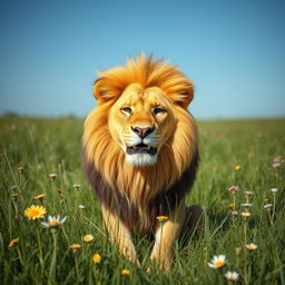 A whimsical scene featuring a lion with a unique twist: its mane is completely bald on top of its head, showcasing its majestic face with golden fur framing the sides