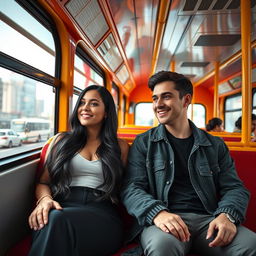 A Middle Eastern woman with long black hair and prominent curves sitting next to a handsome young man on a vibrant intercity bus