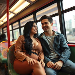 A Middle Eastern woman with long black hair and prominent curves sitting next to a handsome young man on a vibrant intercity bus