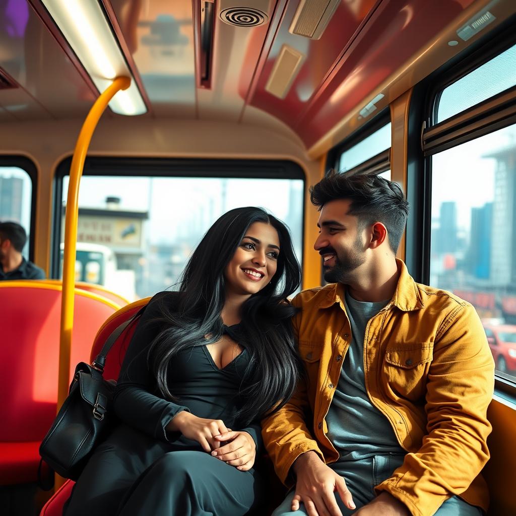 A Middle Eastern woman with long black hair and prominent curves sitting next to a handsome young man on a vibrant intercity bus
