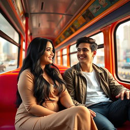 A Middle Eastern woman with long black hair and prominent curves sitting next to a handsome young man on a vibrant intercity bus