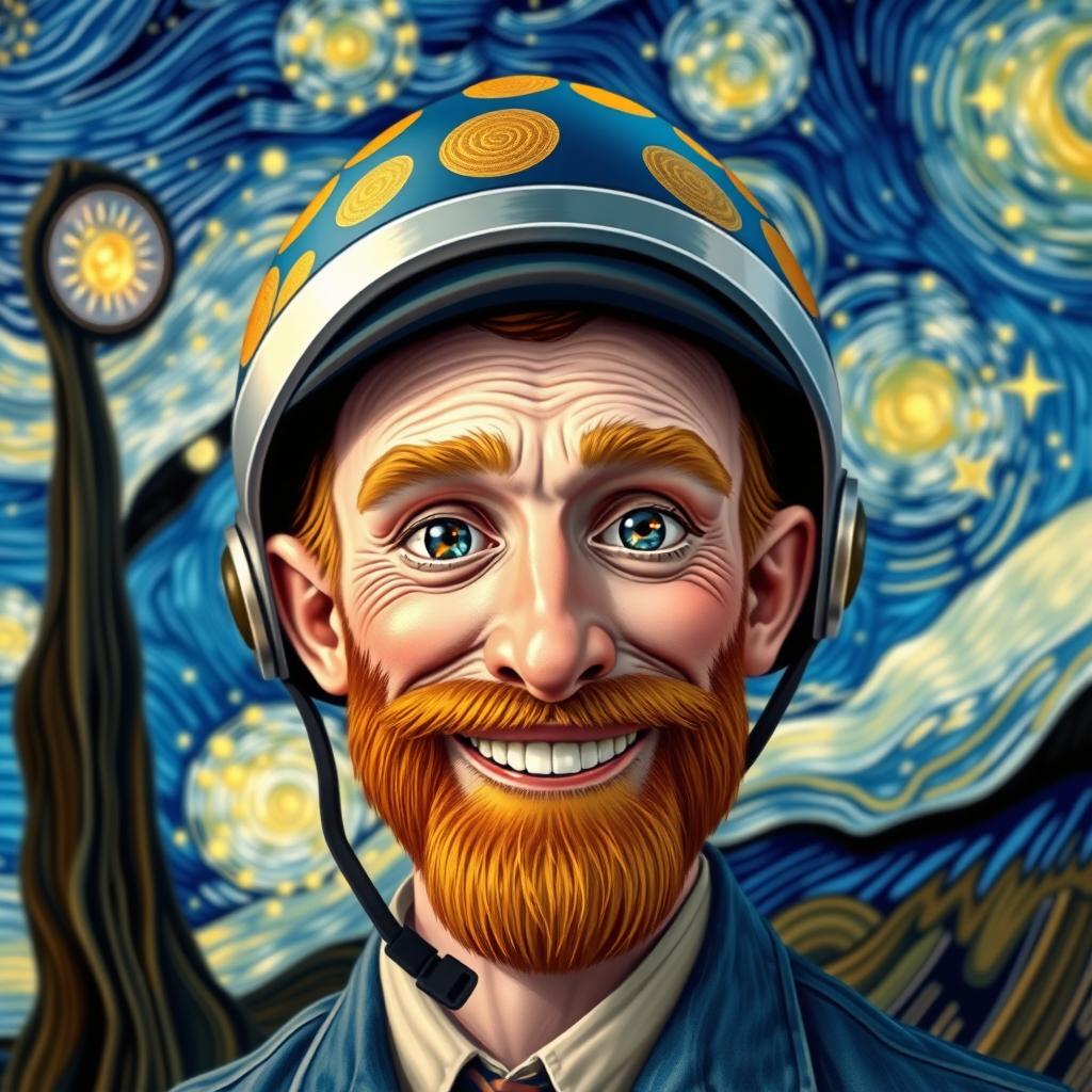A whimsical portrait of Vincent Van Gogh with a bright smile, wearing a colorful artist's beret, and a shiny metallic helmet affixed securely on his head, blending his iconic style with a modern twist