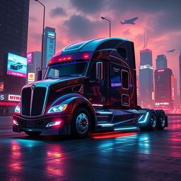 A futuristic longnose Freightliner Cascadia semi truck depicted in a striking cyberpunk style, emphasizing its sleek, elongated design with shimmering metallic surfaces and glowing neon accents