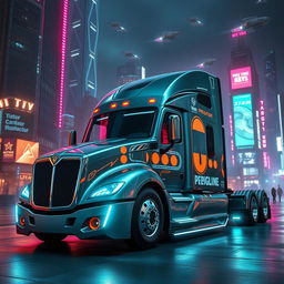 A futuristic longnose Freightliner Cascadia semi truck depicted in a striking cyberpunk style, emphasizing its sleek, elongated design with shimmering metallic surfaces and glowing neon accents