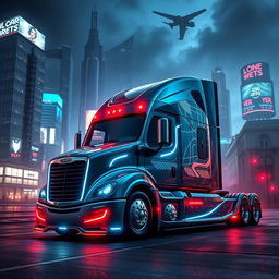 A futuristic longnose Freightliner Cascadia semi truck depicted in a striking cyberpunk style, emphasizing its sleek, elongated design with shimmering metallic surfaces and glowing neon accents