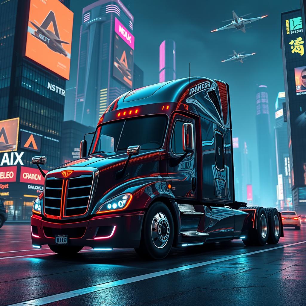 A futuristic longnose Freightliner Cascadia semi truck depicted in a striking cyberpunk style, emphasizing its sleek, elongated design with shimmering metallic surfaces and glowing neon accents