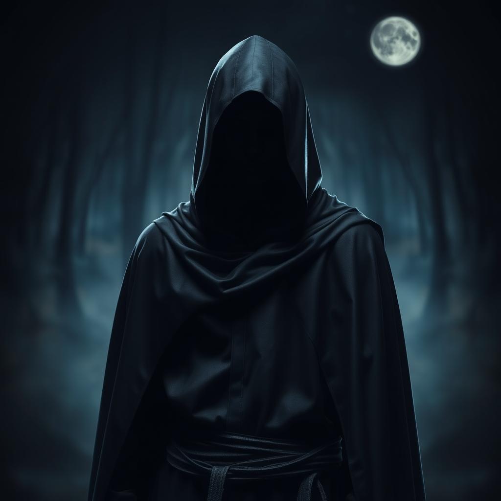 A mysterious figure clad in a sleek black cloak with a hood, standing in a dark, atmospheric setting