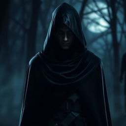 A mysterious figure clad in a sleek black cloak with a hood, standing in a dark, atmospheric setting